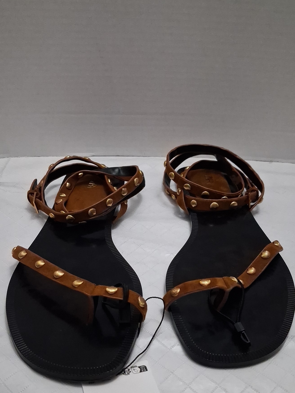 Zara Brown Size 41 (US 11) Women's Brown Gold-tone Studded Ankle-Strap Sandals.